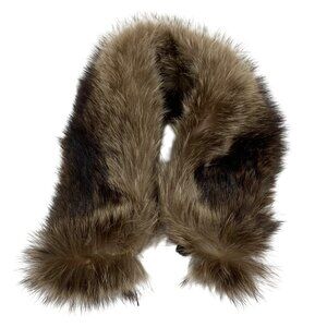 Genuine Brown Raccoon Fur Collar Scarf Black Satin Lining, Hook Closure EUC